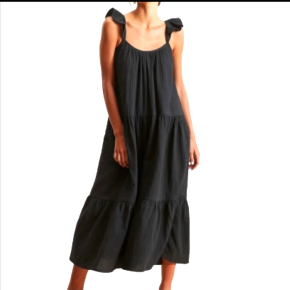 Banana Republic Factory Frill Sleeve Gauze Tiered MidiDress, Black, Size L, NWT